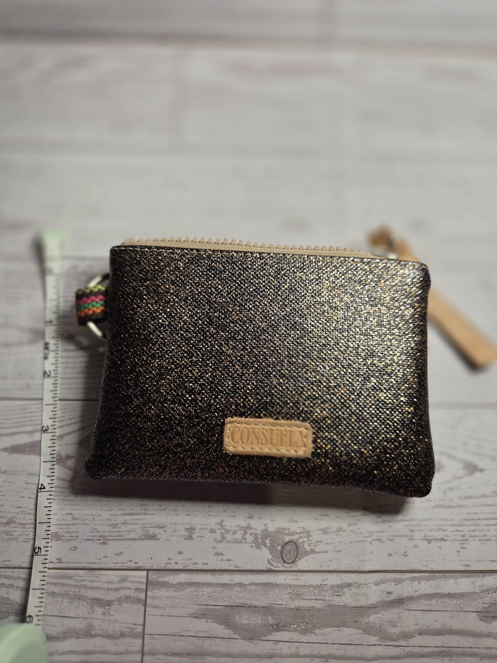 Consuela Gold Glitter Cosmetic Wristlet with Tan Trim - Picture 8 of 8